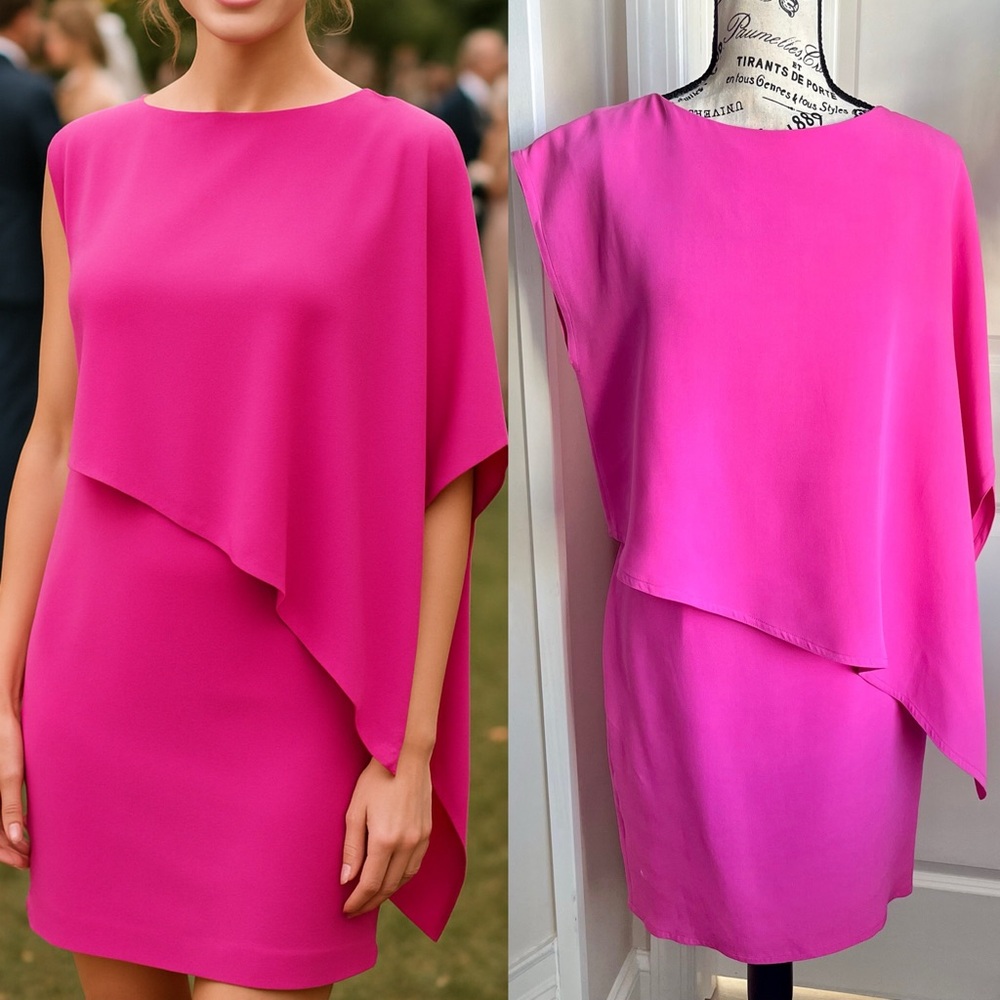 Tom and Linda Platt Double Georgette Poncho Dress Cyclamen Pink Sz S